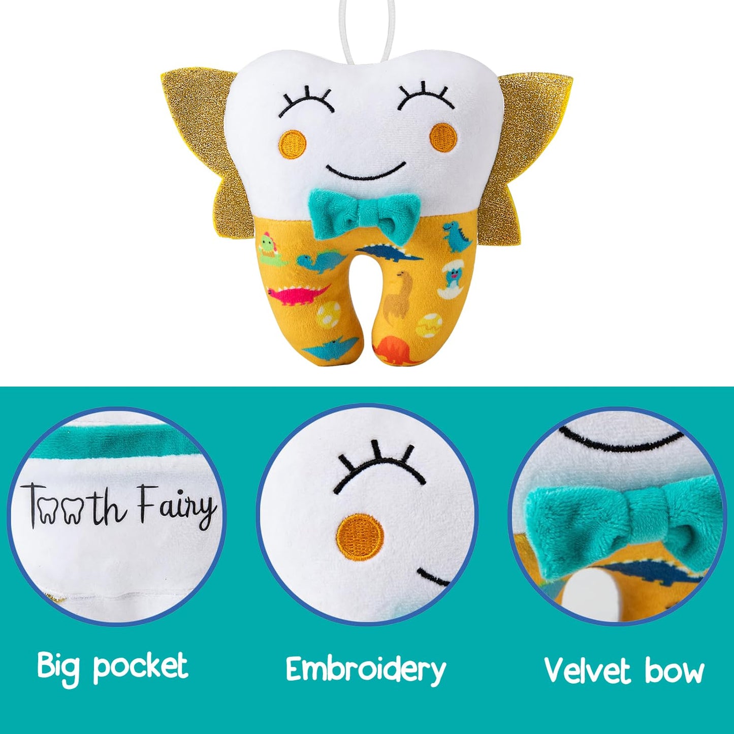 Free-Space Tooth Fairy Pillow For Boy Embroidery With Pocket Shiny Wings Crystal Velvet Tooth Fairy Keepsake Boys Girls Gifts (Y