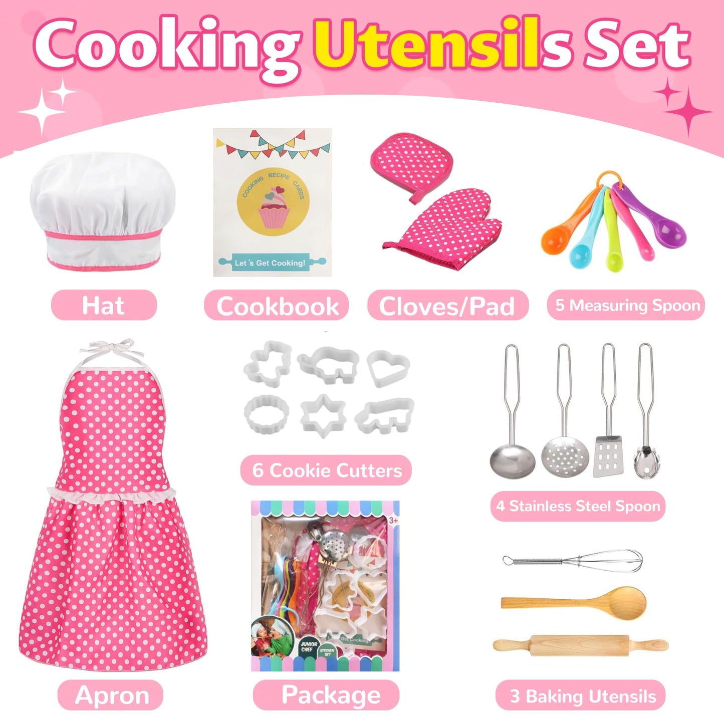 MEIDAYAI Kids Cooking Baking Set , Kids Kitchen Pretend Play Toys, Kids Chef Role Play Costume Set - Chef Hat and Matching Pink