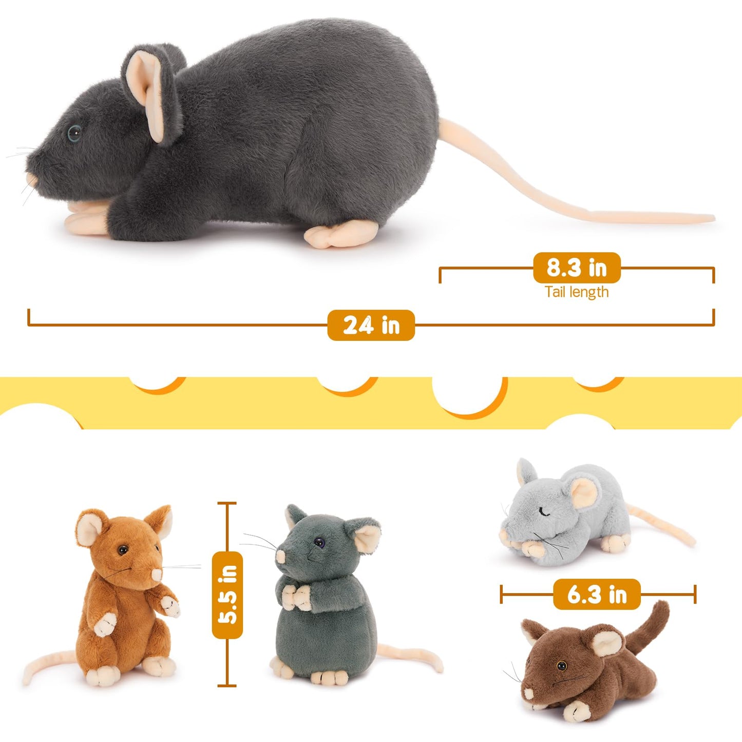 Tezituor 5Pcs Rat Stuffed Animals Set, 24" Gray Plush Mommy Mouse & 4 Baby Mice, Realistic Gift for Kids, Birthday & Christmas Decor
