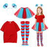 KDVOG Girl's Tulle Tutu Costumes Accessories Set, Kids Red T Shirt Tutu Skirt Striped Thigh High Socks Blue Headband for Age 5-1