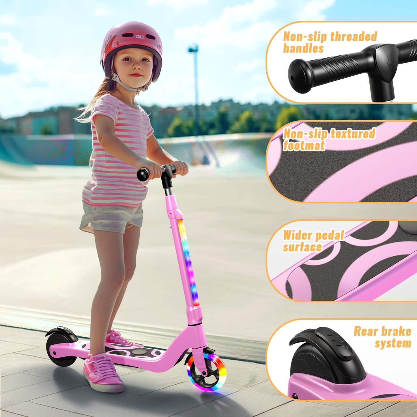 Lieagle Electric Scooter For Kids Age 6-12, 60W Motor, 5Miles Range, 6.2Mph, 5.3 '' Rubber Tires W/Rgb Wheel Lights & 7-Color He