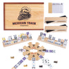 Double 15 Mexican Train Dominoes Set for mature-themeds with 8 Wooden Trays 8 Train Markers with Velvet Pouch 136 Color Dot Tiles Solid Wood Hub & Scorepad in Drawer Box - Classic Family Board Game Gift