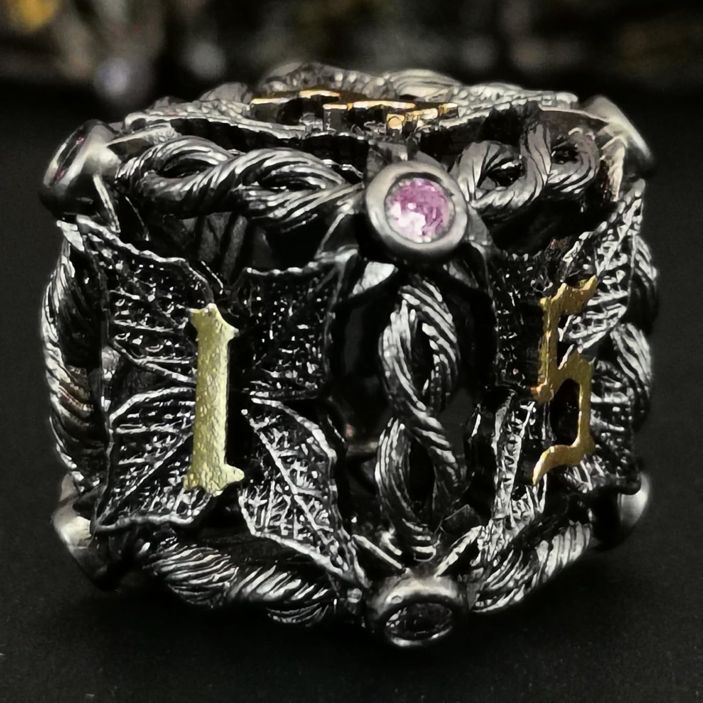 Mjdiceok Hollow Magic Vine Leaf Dnd Dice Set Metal Dice Set 7 Role Playing Dice D&D Dungeons And Dragons Dice (Black + Purple Ge