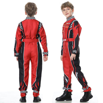 Treyrea Race Car Driver Costume Boys Racer Jumpsuit With Car Cap Kids Dress Up For Halloween (Red Set, S(For Height 46''-49''))