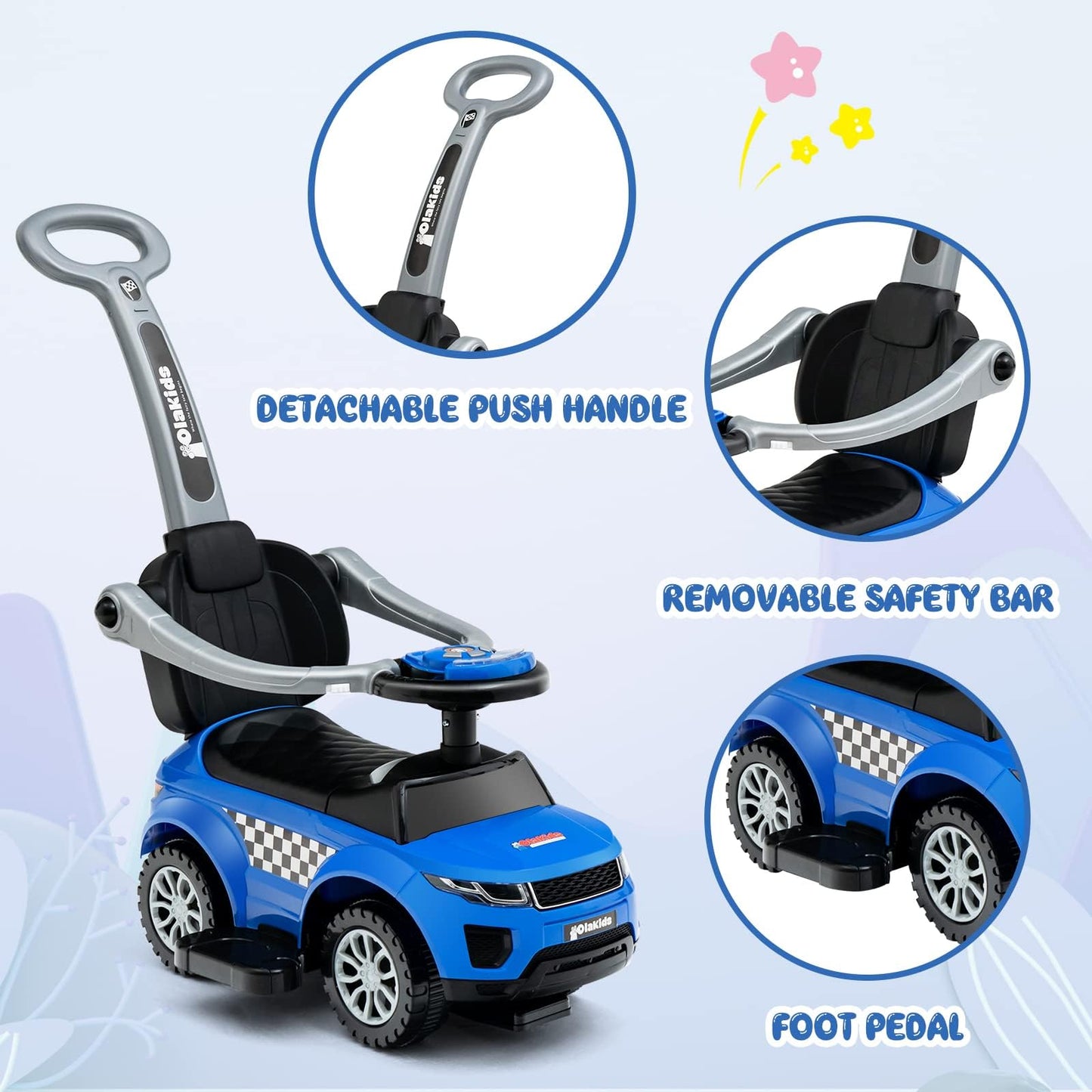 Olakids 4 In 1 Ride On Push Car, Toddlers Stroller Sliding Walking Toy With Horn, Music, Lights, Removable Guardrails And Handle, Underneath Storage, Baby Foot-To-Floor Walker For Boys Girls (Navy)