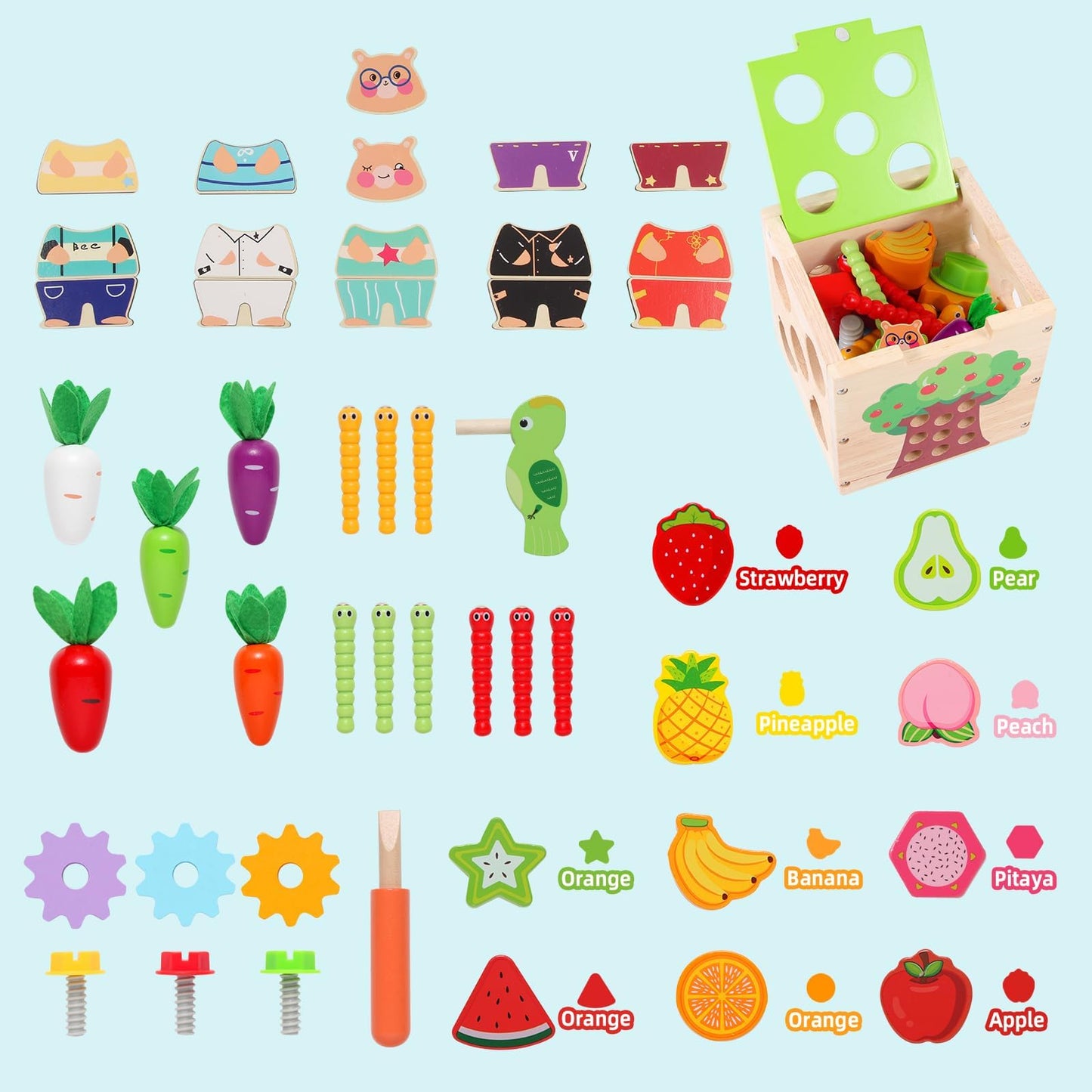 Qinkada Wooden Garden Toy, Toddler Montessori Toys for Baby Boys Girls, Wood Preschool Learning Fine Motor Skills Game, Educatio