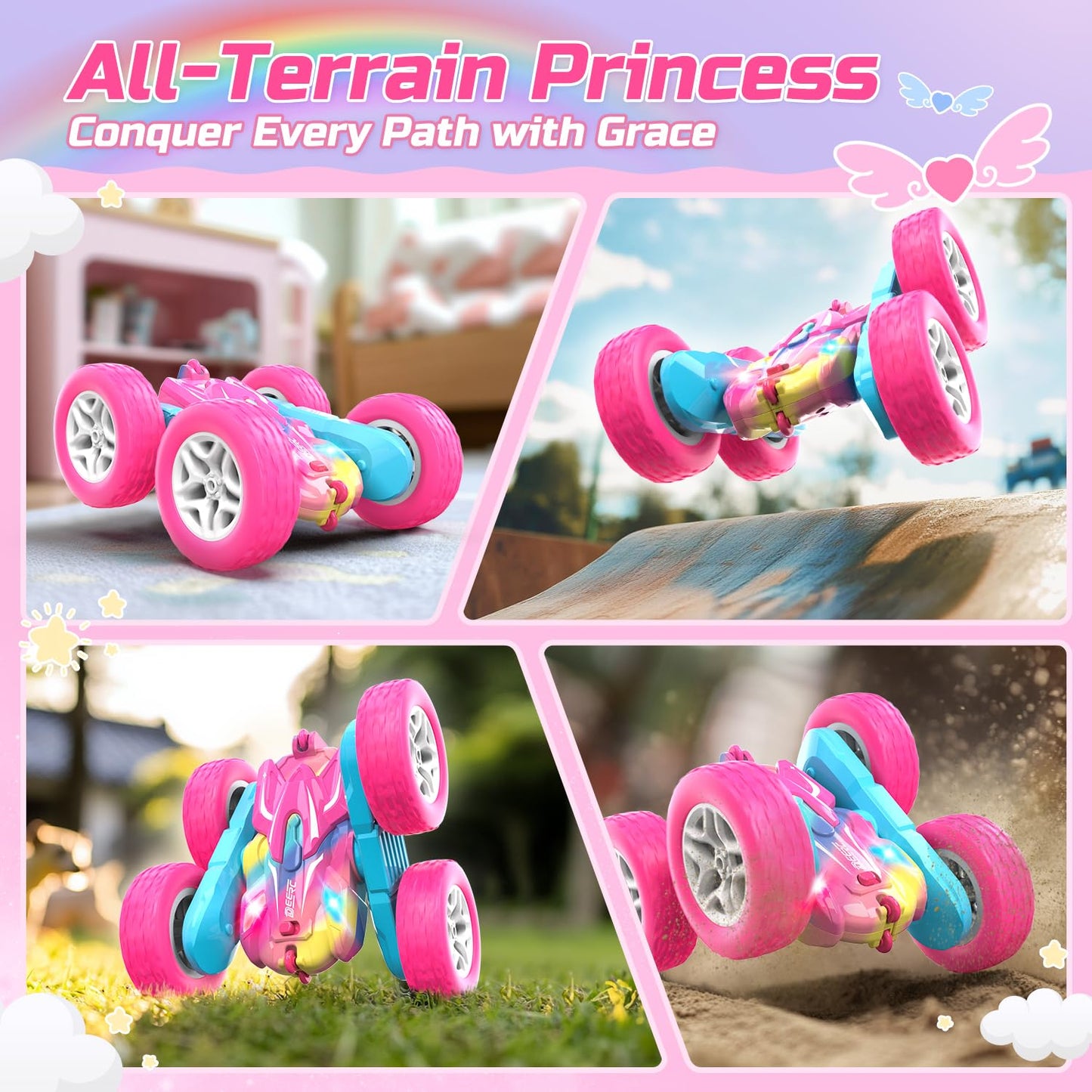 DEERC Rainbow Remote Control Car for Girls, Pink RC Cars Toy with LED Lights, 2.4 GHZ Double Sided RC Stunt Drift Car 360Rotatin