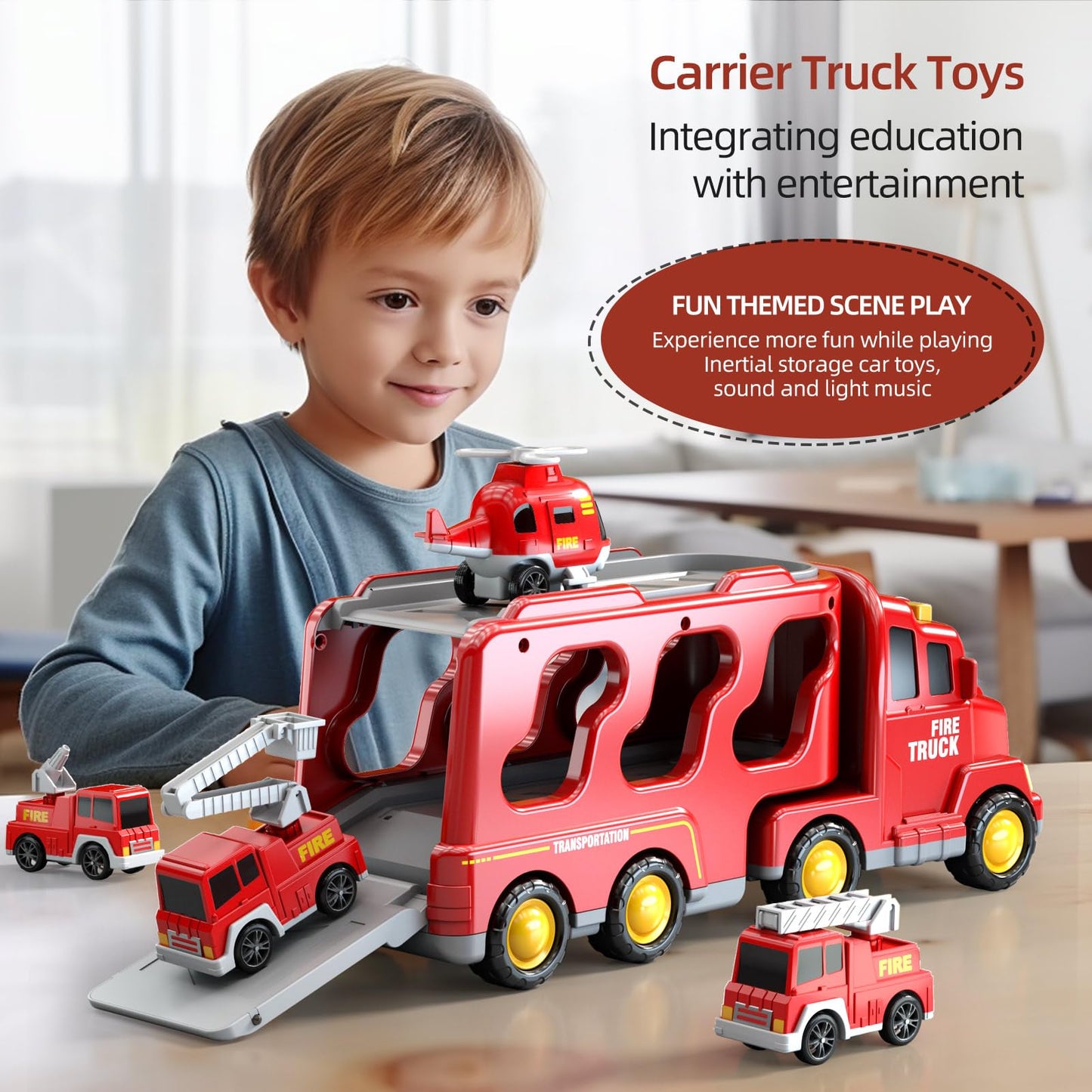 Beby Buty 5 in 1 Fire Trucks Cars Toys for Toddlers 3-5, Boy Toddler Car Truck Toys with Light Sound, Birthday Gifts Toys for 3