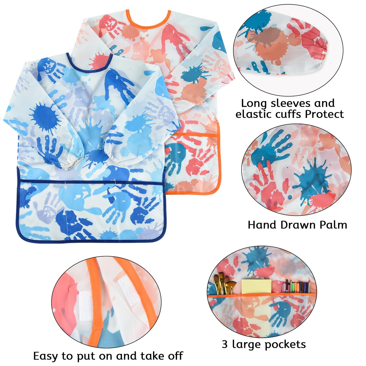 BOUBONI 2 Pcs Kids Art Smock Painting Toddler Smock Long Sleeve with 3 Pockets for Kids Art Painting Activity Kitchen Crafts (Bl
