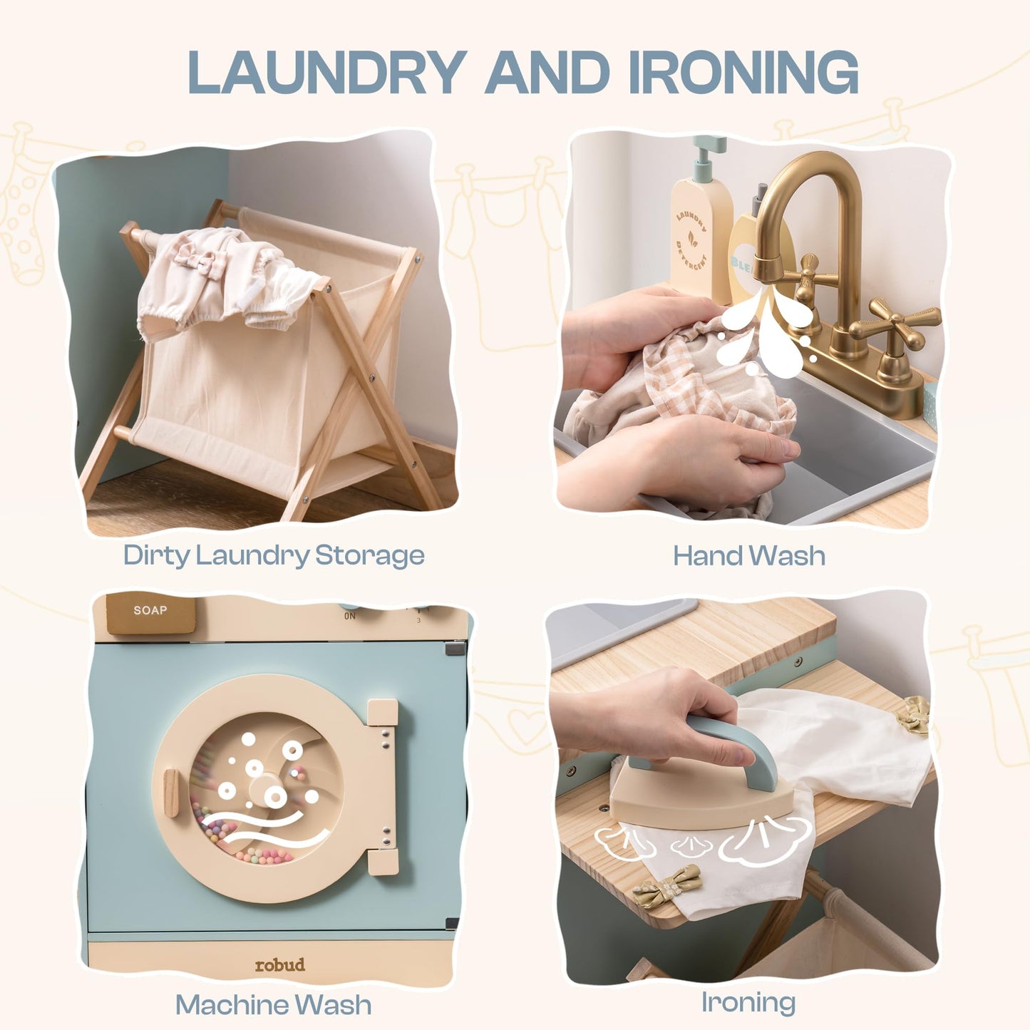 ROBOTIME Toy Kitchen Washer Playset, Wooden Toy Washing Machine for Kids with Clothes Basket, Iron and Sink, Pretend Toddlers Ki