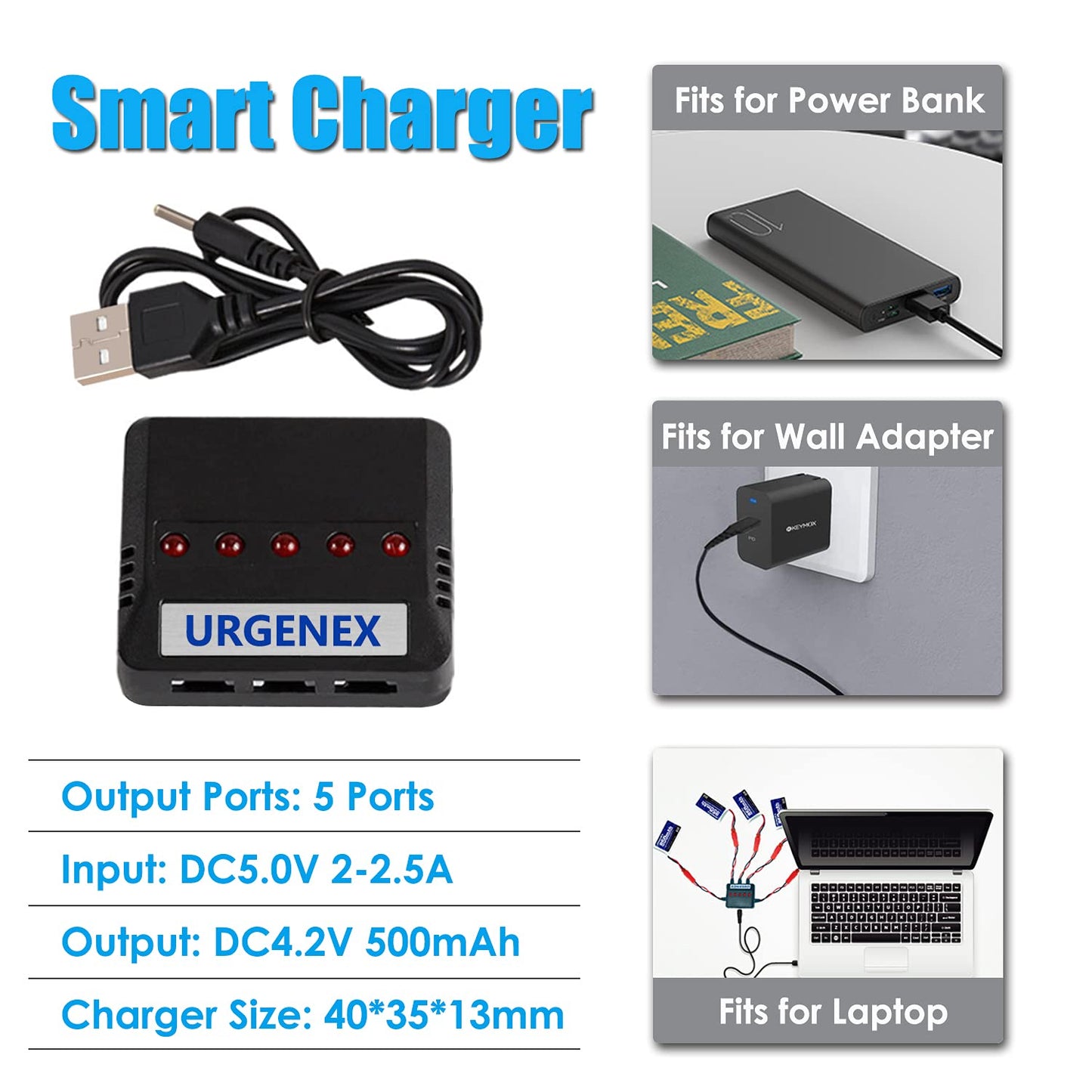 URGENEX 3.7V Lipo Battery 850mah Rechargeable Lipo with JST Plug X5 Charger for MJX Syma Holy Stone Sky Viper RC Quadcopter Dron