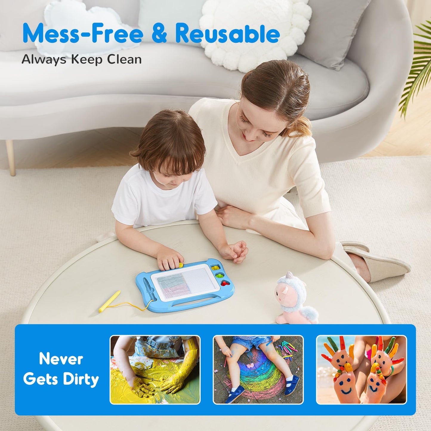 Sgile Magnetic Drawing Board For Kids, Colorful Erasable Doodle Board With Magnet Pen, Painting Sketch Pad With Three Stamps, Travel Toy, Birthday Gift, Educational Learning Toy For Toddlers, Light-Bl