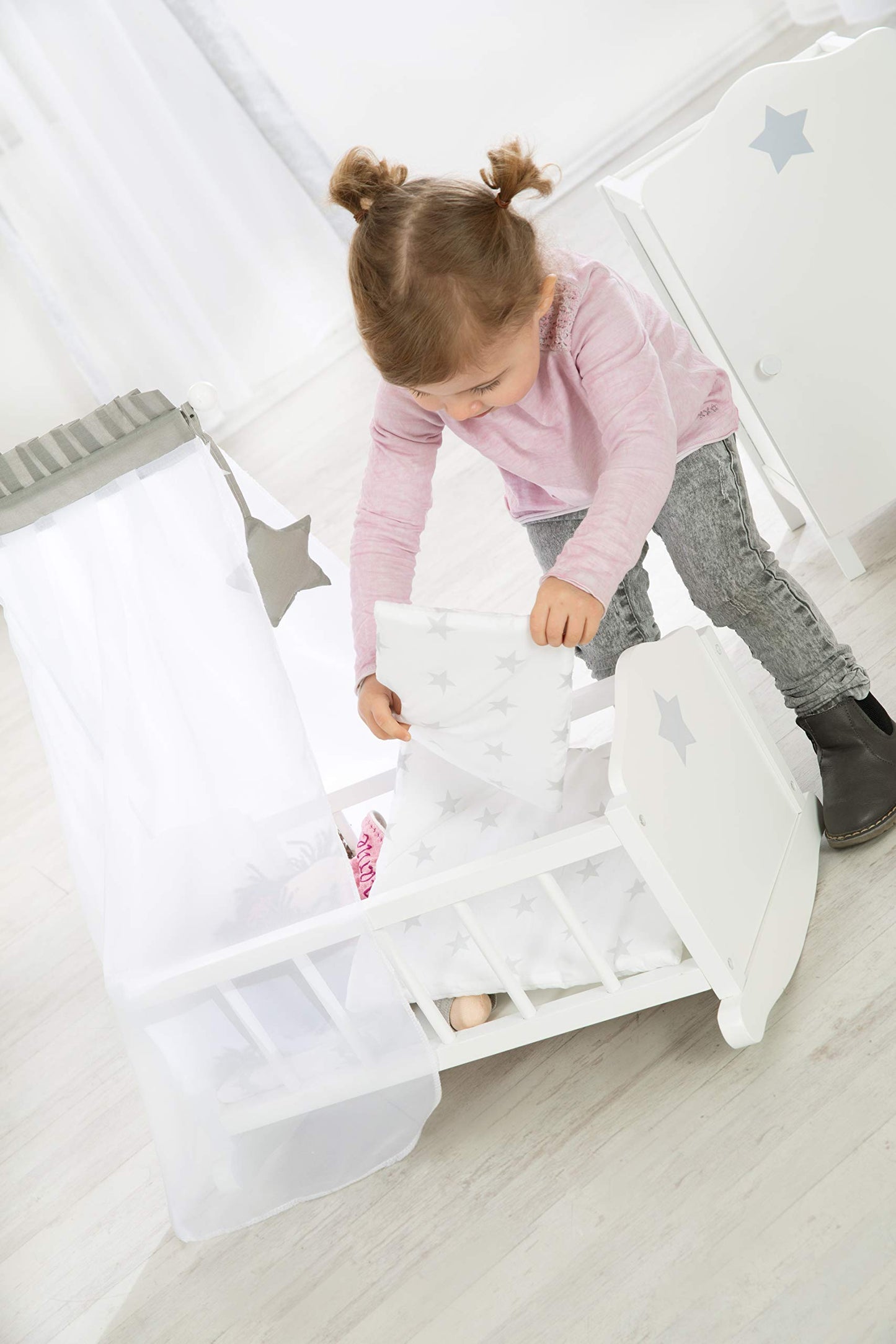 Roba Doll Cradle Set: Stella - Star, Gray & White - Includes Hanging Mobile, Pillow, Blanket & Canopy, Children'S Pretend Play, Ages 3+
