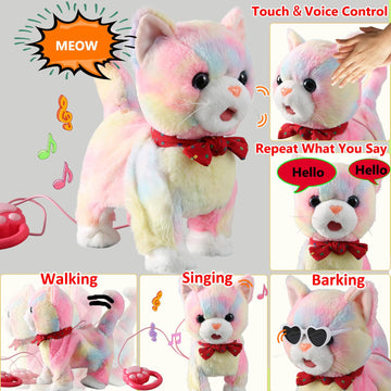 Colorful Leash Walking Cat Set Interactive Talking Cat Singing Dancing Kitten Mimicking Repeat What You Say Kitty Touch And Voice Control Nodding Wagging Tail Plush Electric Kitty For Kid Gril