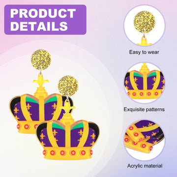 10 Pairs Mardi Gras Earrings Bulk, Acrylic Mardi Gras Themed Glitter Earrings For Masquerades, Mardi Gras Party Decoration, Fat
