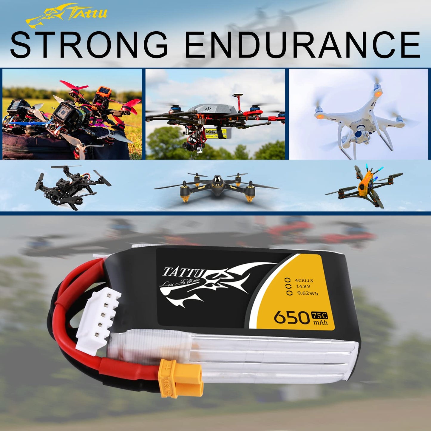 Tattu 650mAh 4S1P 75C 14.8V Lipo Battery with XT30 Plug