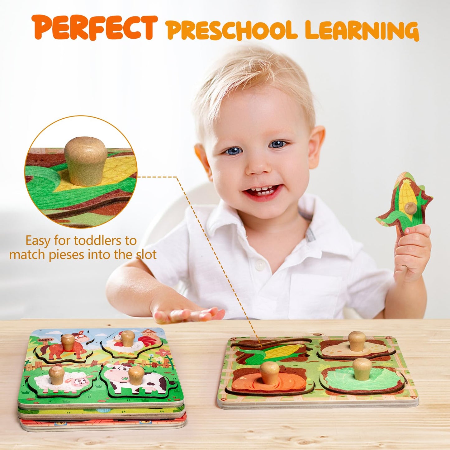 Zeoddler Wooden Puzzles For Toddlers, 4 Pcs Peg Puzzles For Kids 2-4, Preschool Learning Puzzles For 2 3 Years Old, Montessori Puzzle For Boys, Girls