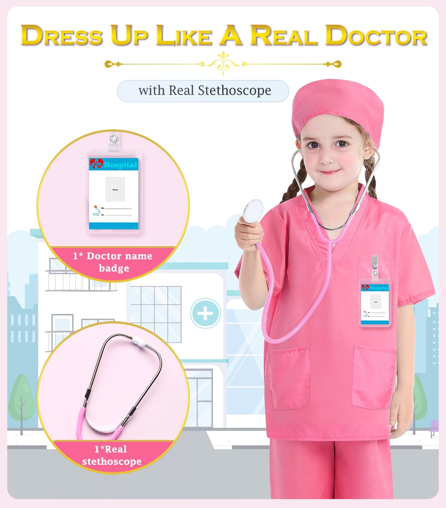 BIBUTY Doctor Costume for Kids Scrubs for Girls Boys, Pretend Play & Dress Up Clothes for Kids, Halloween Costumes for Girls Doc