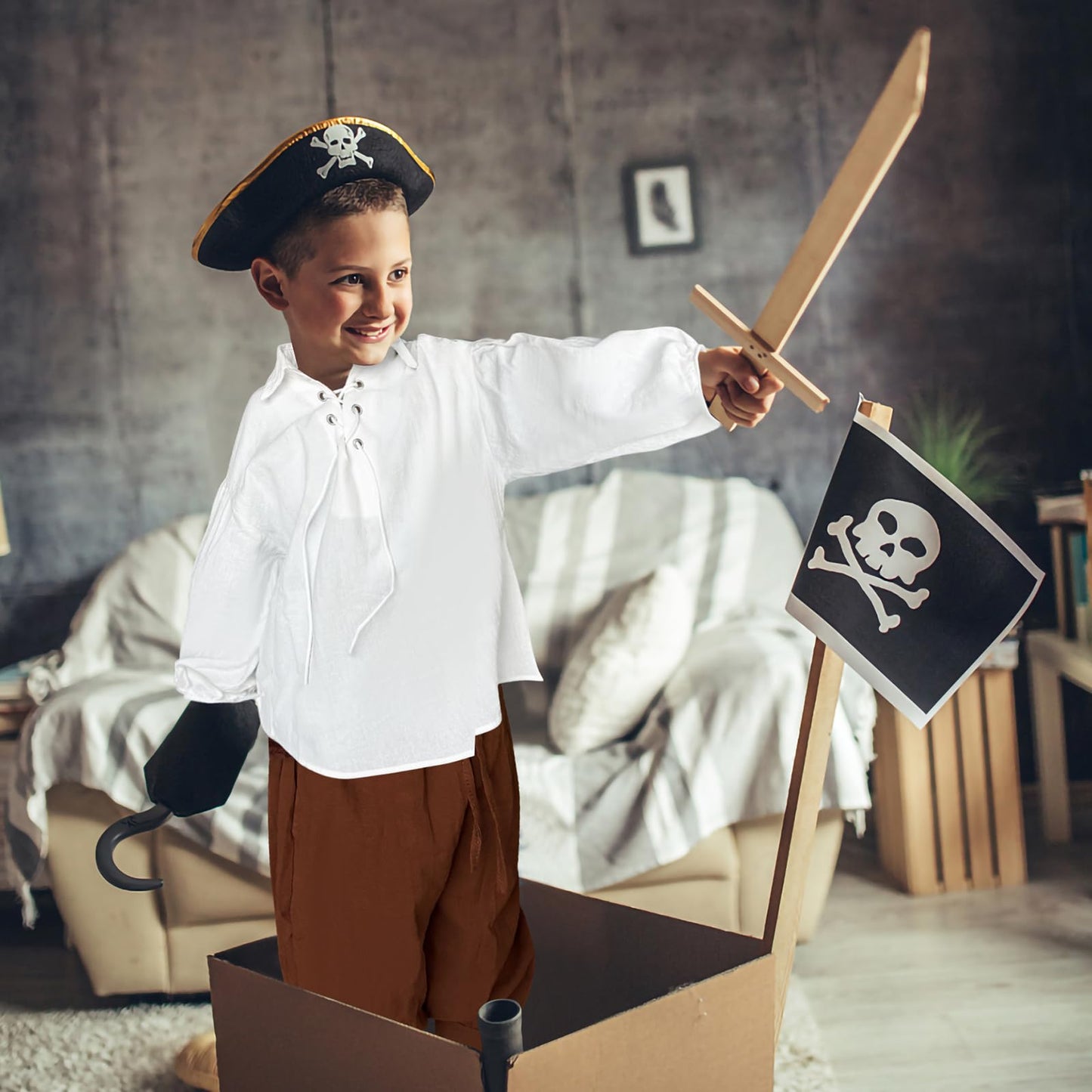 Prebene Boys Medieval Pirate Set Shirt & Ankle Pants Kids Renaissance Halloween Costume Scottish Jacobite Tops And Trousers (Whi