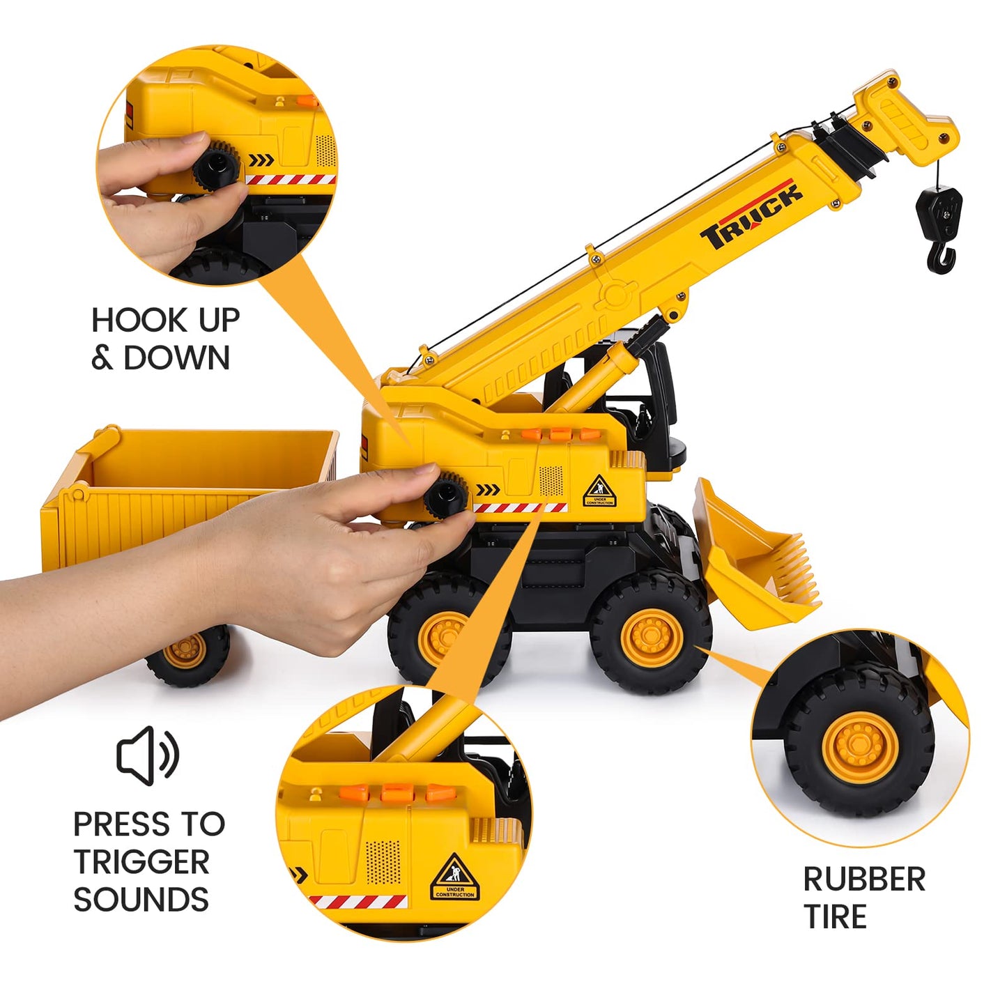 SASBSC Construction Crane Toys for 3-8 Year Old Boys 3 in 1 Toy Trucks with Sounds Friction Power Transport Dump Truck Bulldozer
