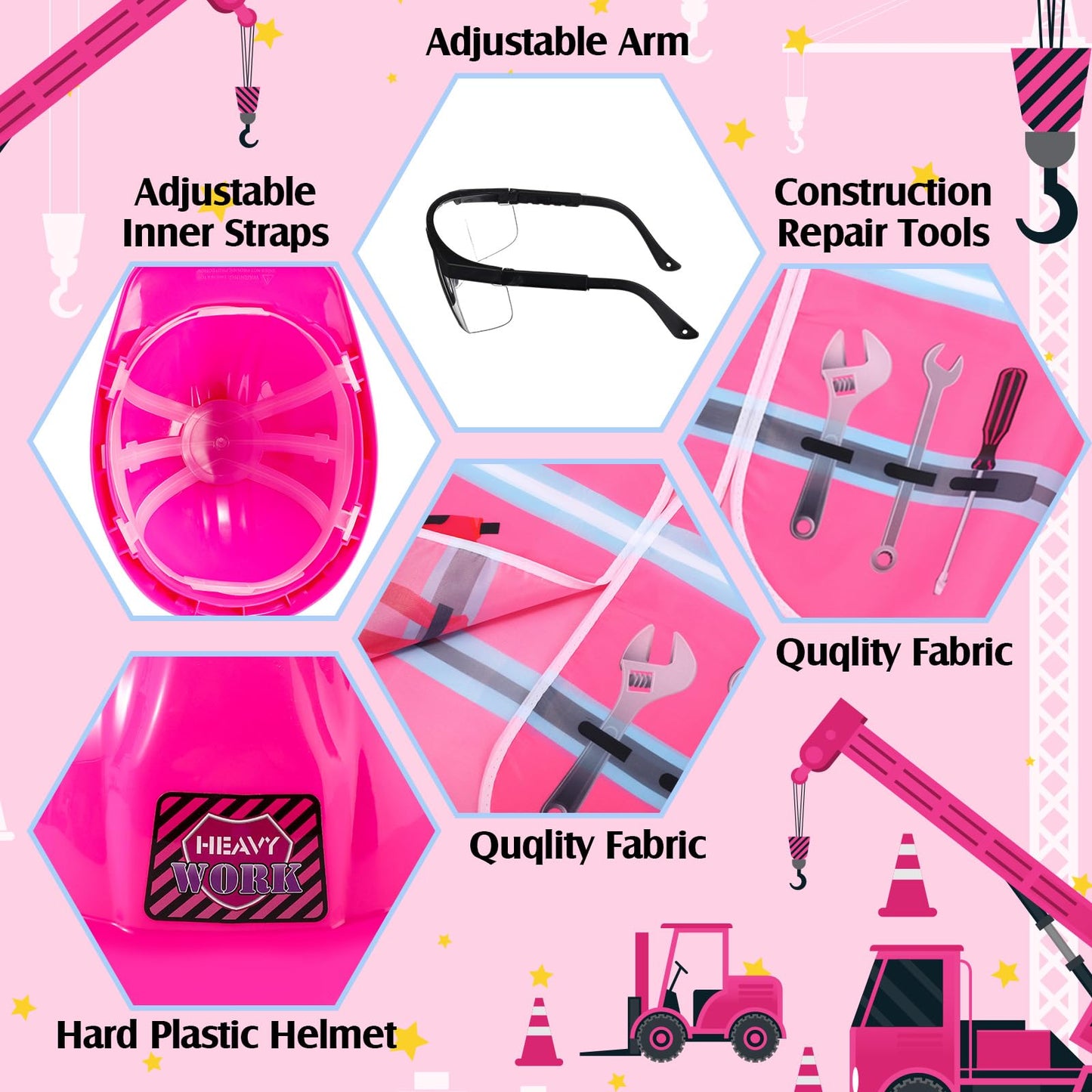 Handepo Construction Worker Costume Kids Hard Hat Construction Vest Goggles Toddler Dress Up Set Birthday Party Girls Boys(Pink,