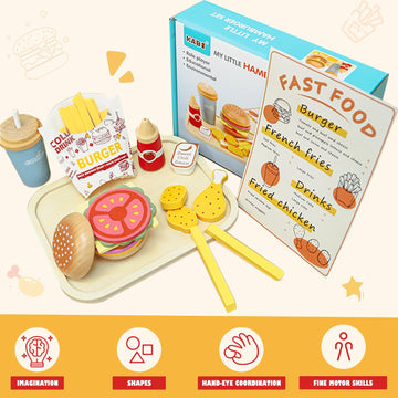 Jugueteland Wooden Play Fast Food Set Play Kitchen Accessories, Pretend Play Food Hamburger French Fries Toy, Restaurant Play Se