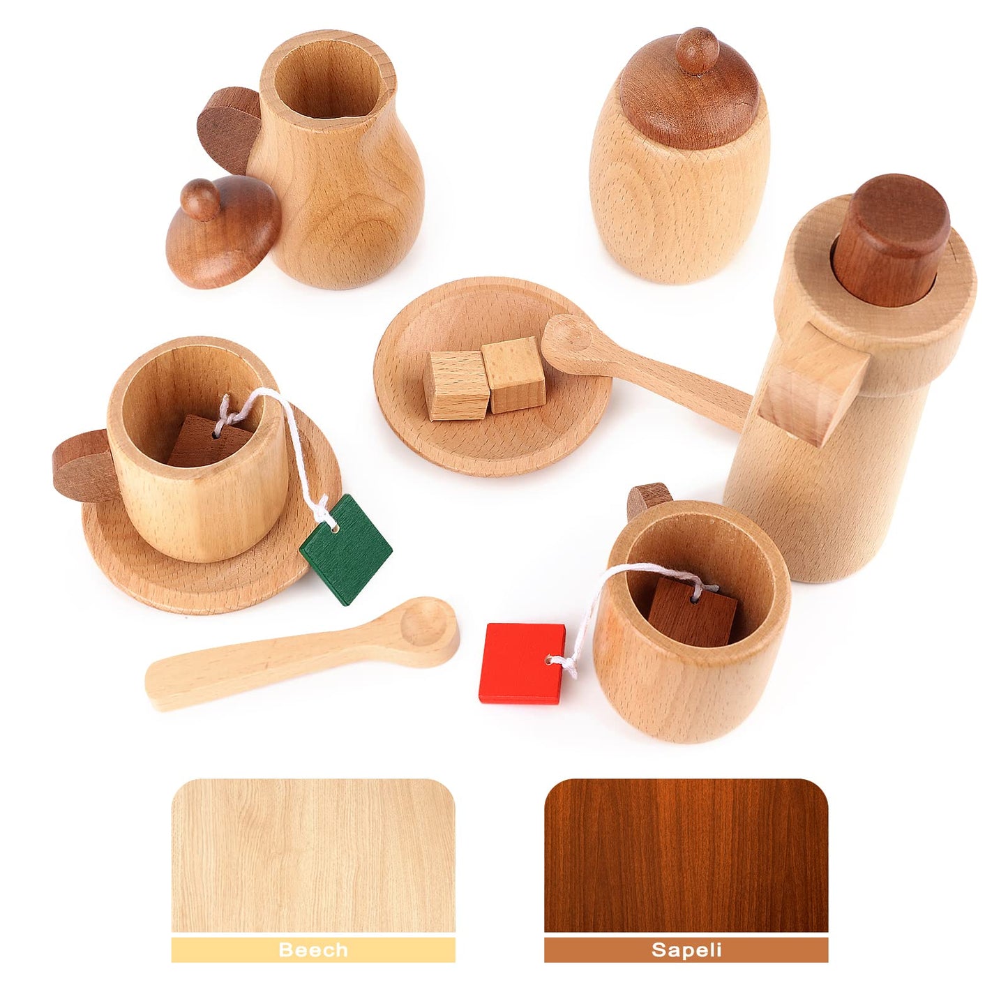 WHOHOLL Wooden Tea Set for Little Girls, Natural Wood Toys Tea Party Set, Kids Tea Set for Toddlers 1-3, Baby Play Tea Cup Set f