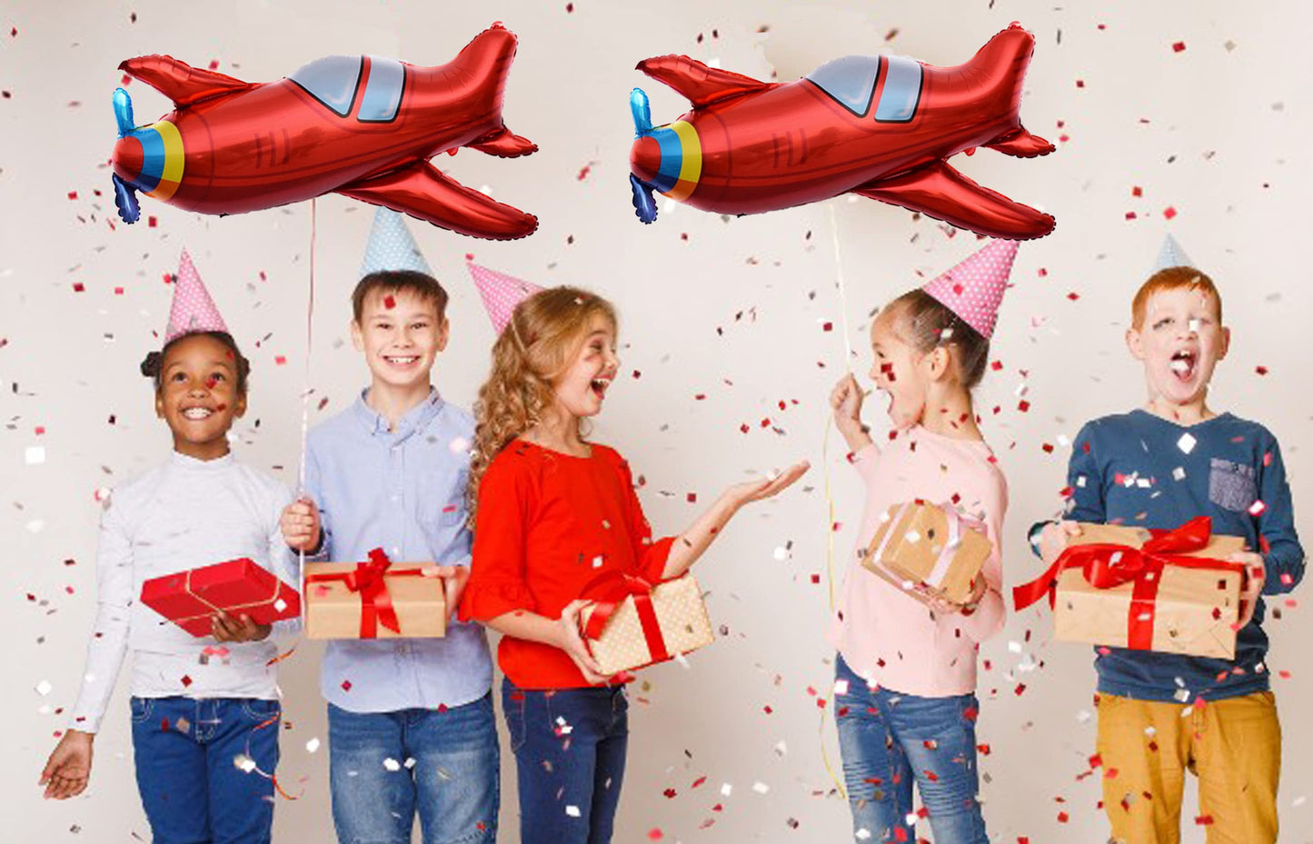 4 Pcs Large Red Airplane Helicopter Plane Foil Balloon Aviator Adventure Themed Birthday Party Decorations(37X31Inch)