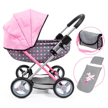 Bayer: Pram Cosy, Fairy Poka Dot Grey Pink - Includes Blanket+Pillow+Handbag, For Dolls Up To 18, Ages 3+