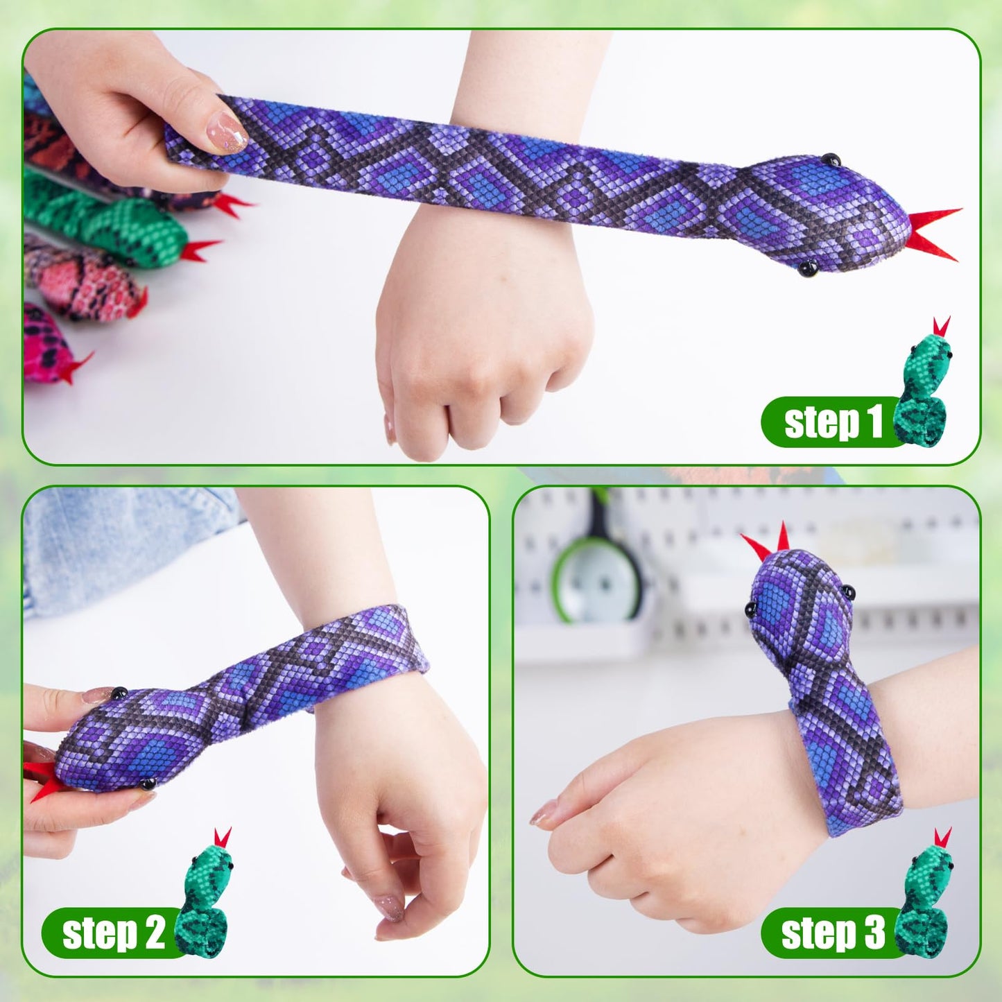 Shindel 10PCS Snake Slap Bracelets, Stuffed Snap Bands Reptile Snap Bracelets Fuzzy Animal Bracelet for Birthday Party Favors Ha