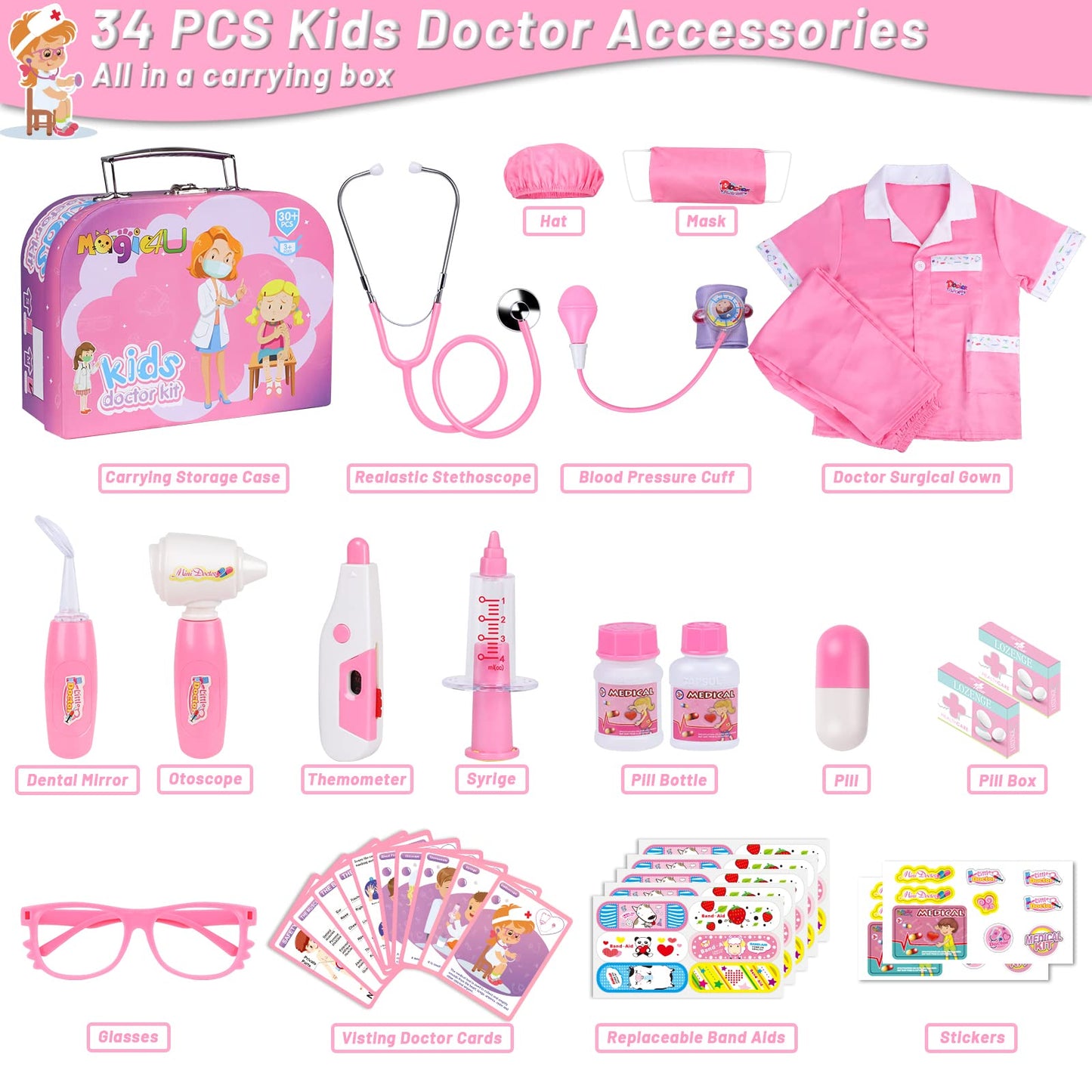 Magic4U Kids Doctor Costume Kit with Real Working Stethoscope and Carry Case, 34 Pieces Pretend-n-Play Realistic Medical Dr Toys
