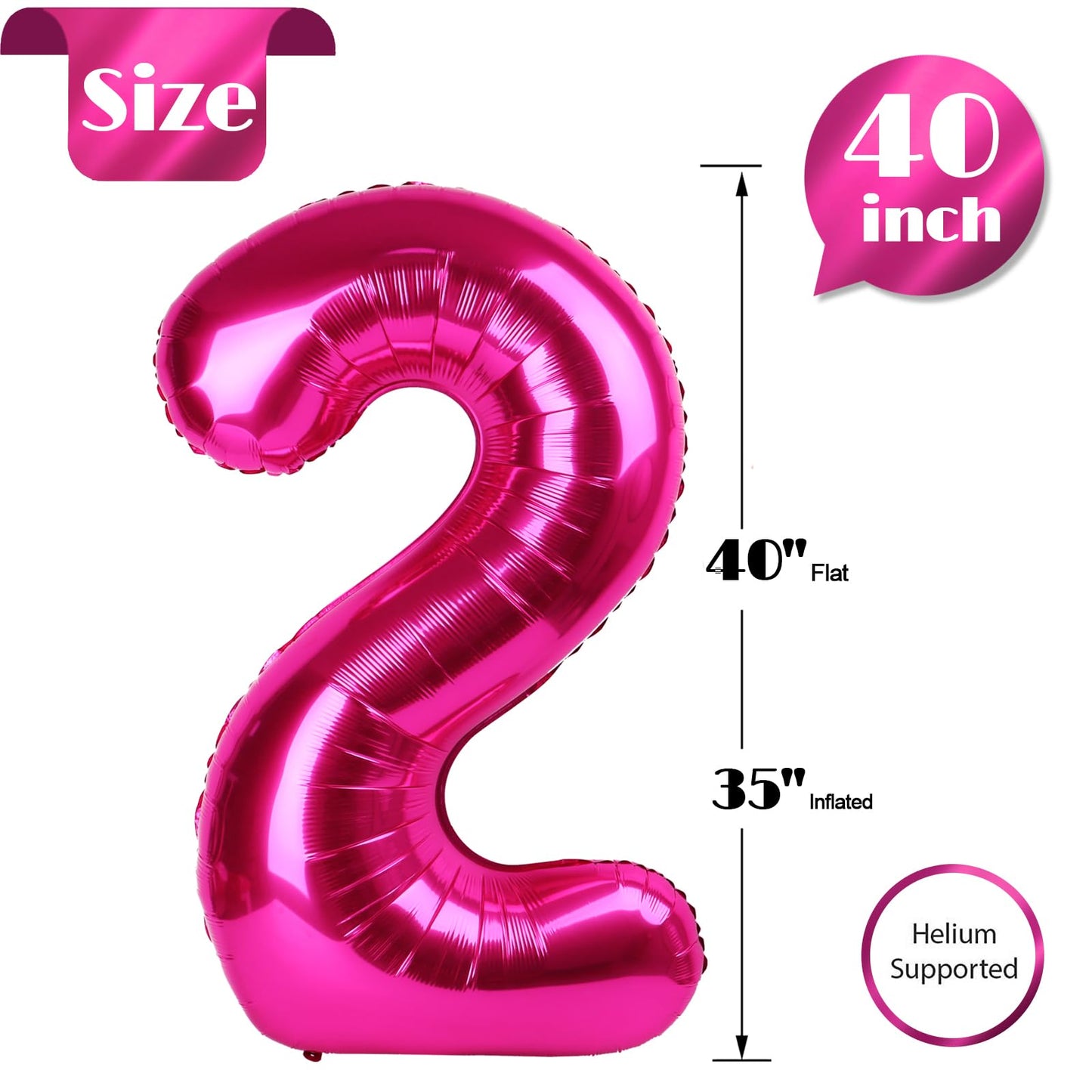 Hot Pink Number 2 Balloon 40 Inch, 2 Balloon Number, 2Nd Birthday Decorations For Baby Girls Boys Toddlers