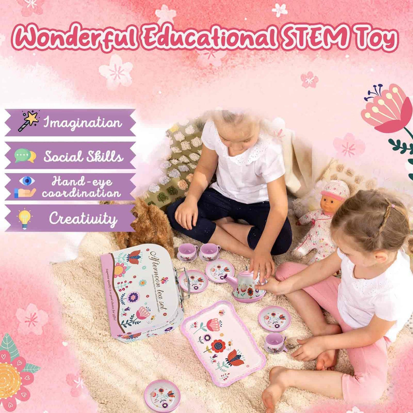 Pretend Play Tea Set for Little Girls, Gift for Age 3 4 5 6 Year Old, Toddler Toys Tea Party Set for Girls, Lajeje 19 PCS Tea Pa
