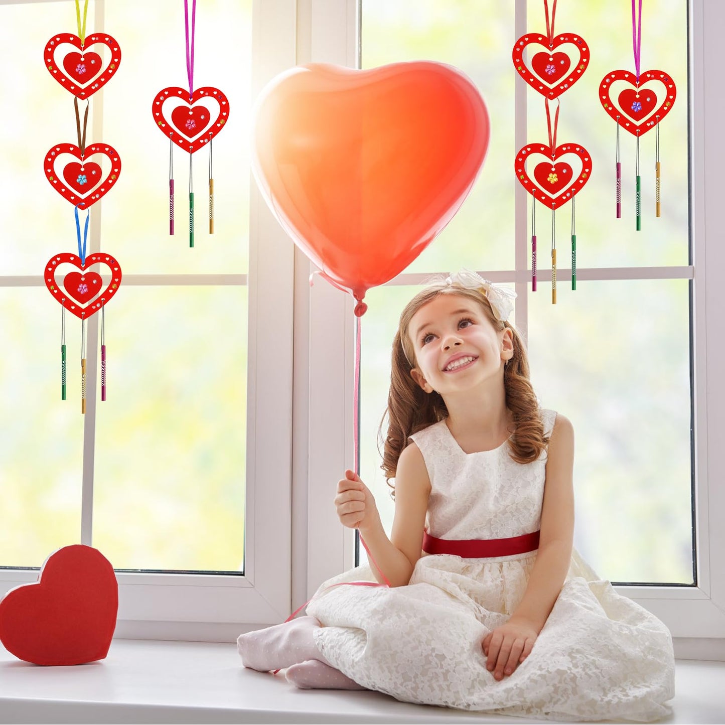 Fennoral 9 Pack Heart Wind Chime Kit For Kids Make You Own Red Heart Wind Chimes Mother'S Day Wooden Ornaments For Kids Art And
