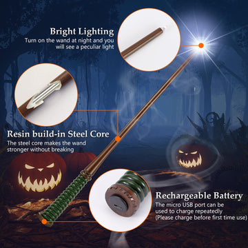 Champwe Light Up Magic Wizard Wand Rechargeable Illuminating Toy For Kids Witch Collection Cosplay Accessories With Spellbook An