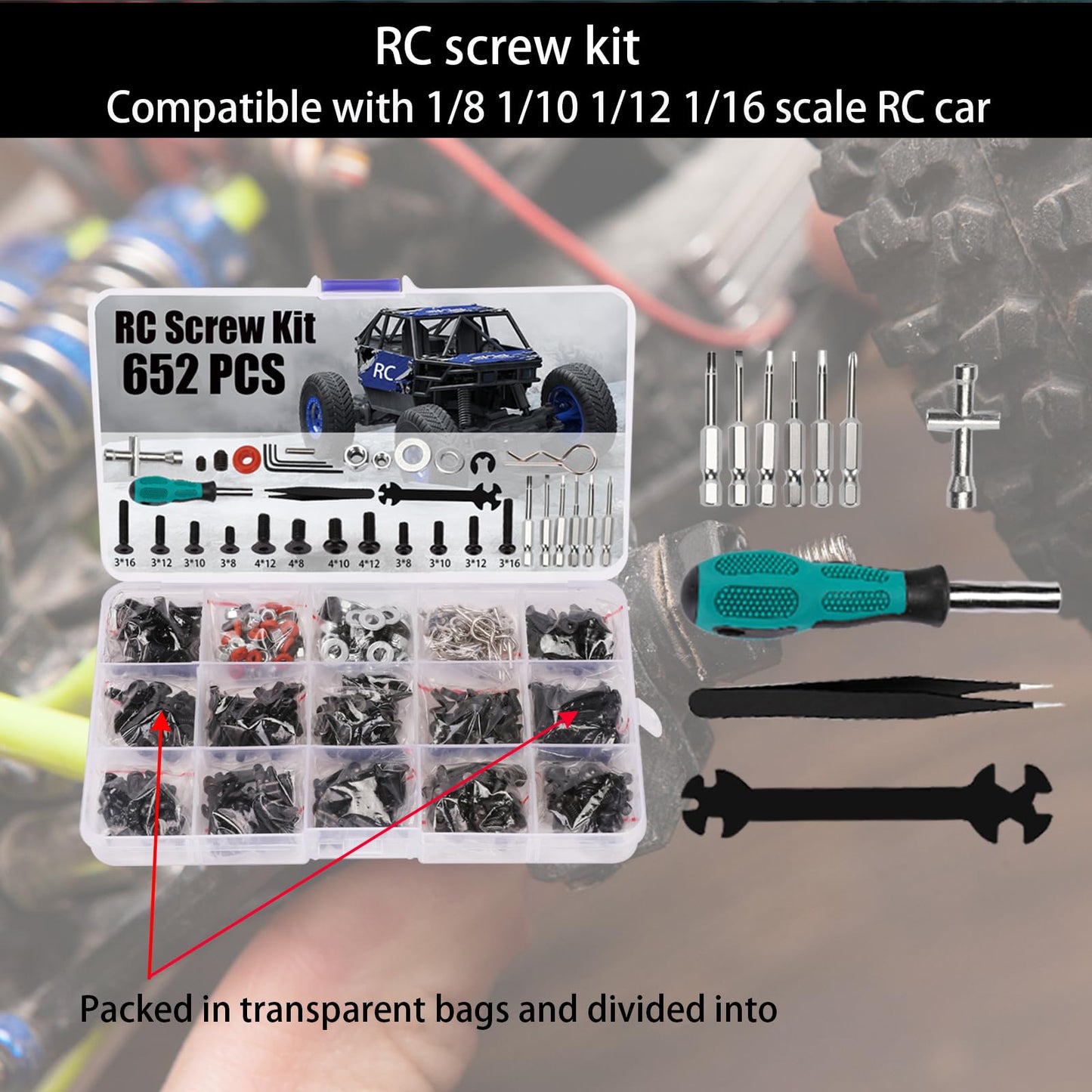 RC Car Repair Work Stand 652 PCS Screw Kit RC Repair Tool Kit Universal RC Screw Set for Arrma Redcat Traxxas Axial HPI Losi 1/8