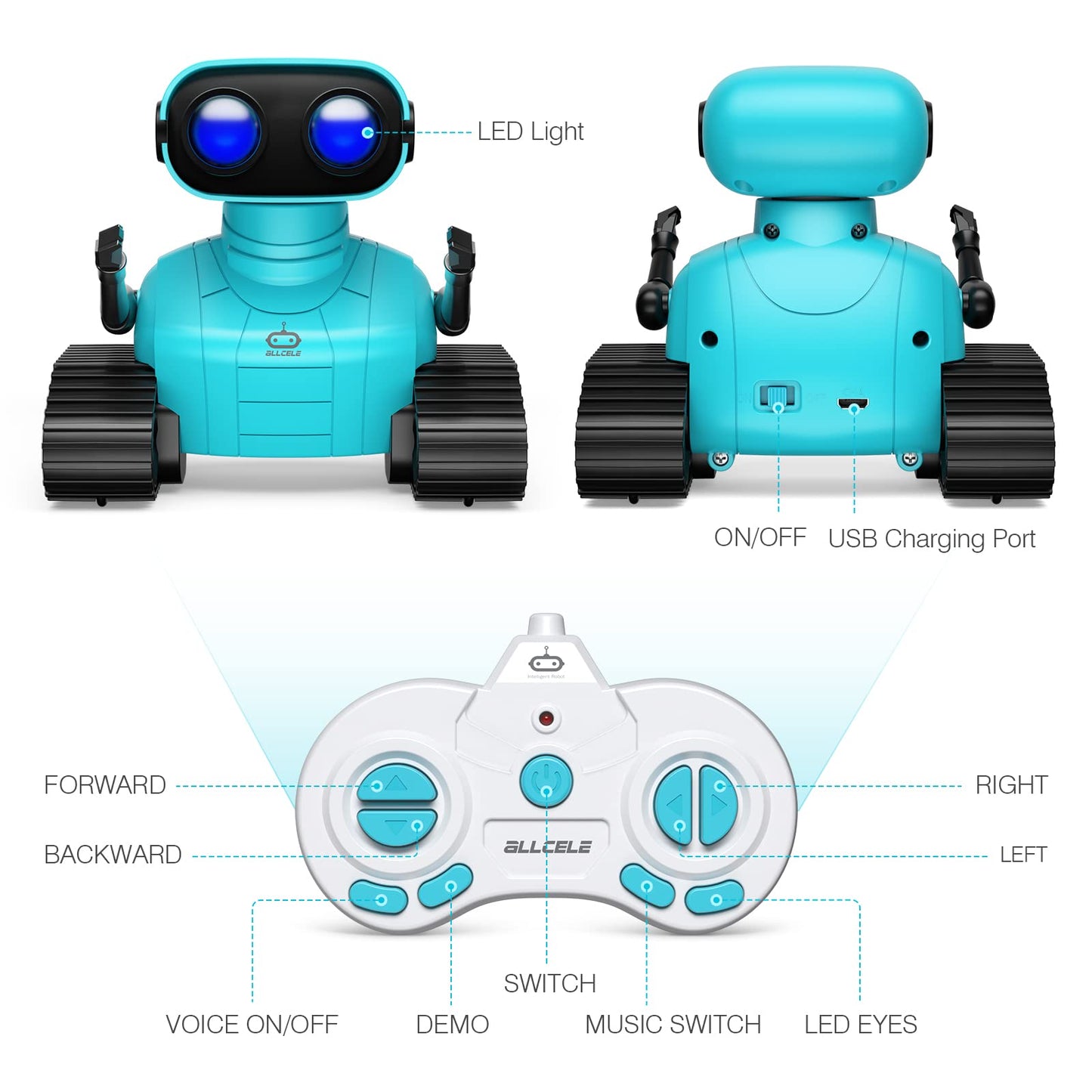 ALLCELE Robot Toys, Rechargeable RC Robots for Kids Boys, Remote Control Toy with Music and LED Eyes, Gift for Children Age 3 Ye