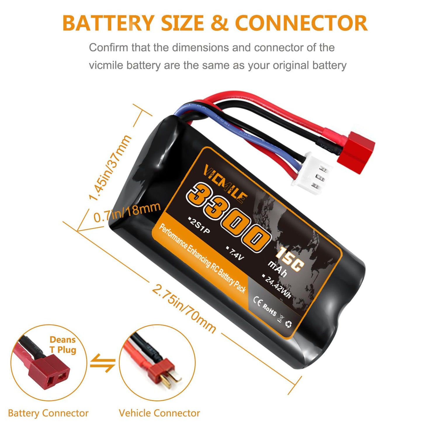 VICMILE 7.4V Li-ion Battery 3300mAh High Capacity RC Battery with Deans T Plug 2S Rechargeable Battery with 1 to 2 USB Charger F