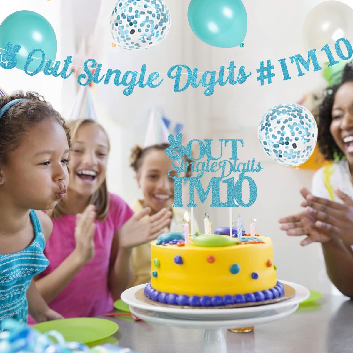 Joymemo 10Th Birthday Decorations For Girl Teal - Peace Out Single Digits I'M 10 Garland & Cake Topper Turquoise Happy Birthday Banner Number 10 Balloons Double Digits Birthday Party Supplies