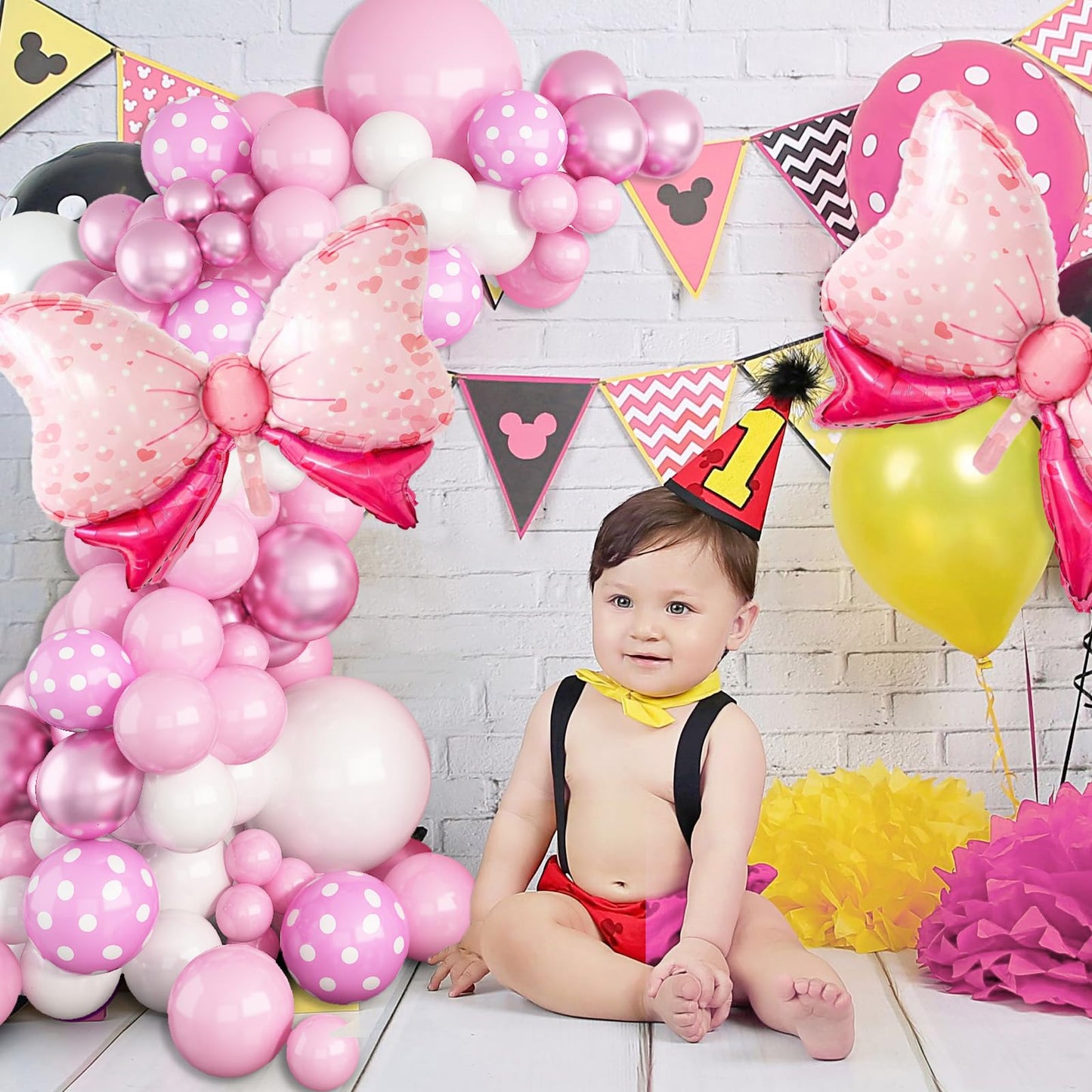 Pink Mouse Balloon Garland Arch Kit For Cartoon Mouse Theme Birthday Party Decorations Girl Kids, Pink White Rose Red Bow Foil Balloons For Mouse Baby Shower Decorations