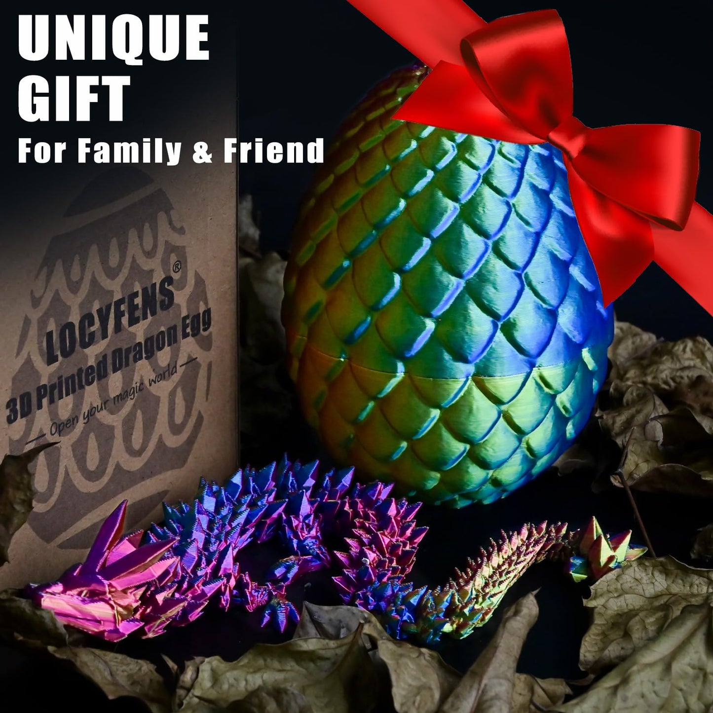 Locyfens 3D Printed Dragon Eggs With Dragon Inside, Rainbow Articulated 3D Dragon Toys With 3D Dragon Eggs, Crystal Dragon Red Y