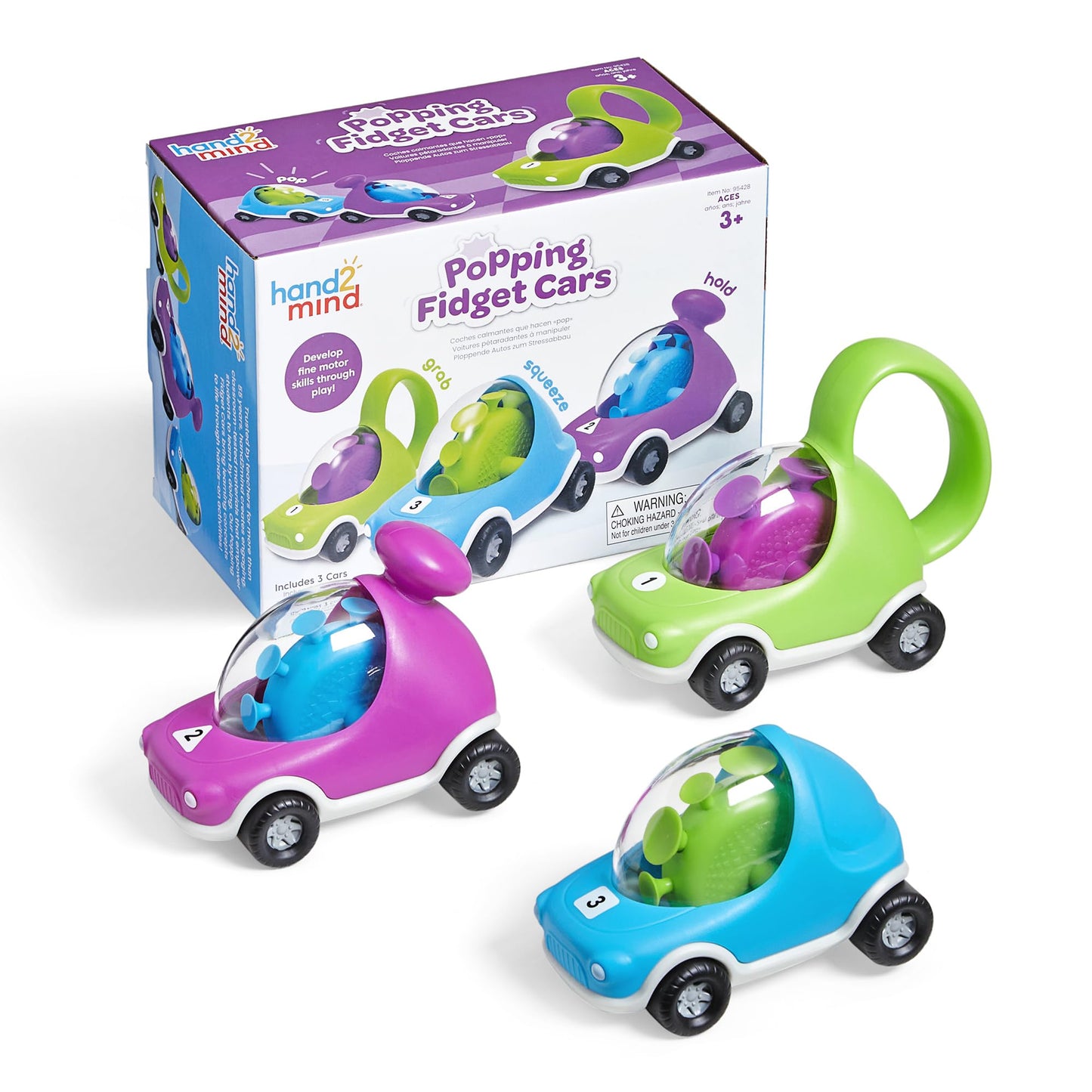Hand2Mind Popping Fidget Cars - Suction Cup Toys for Fine Motor Skills & Anxiety Relief, Set of 3, Multiple Colors, for Toddlers & Preschoolers