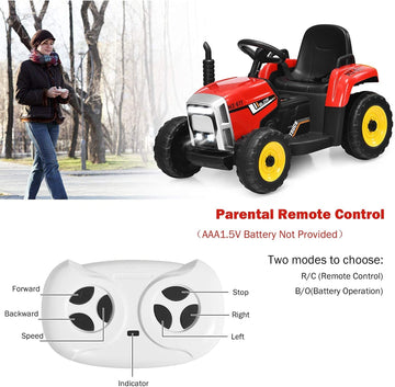 Costzon Ride On Tractor With Detachable Trailer, 12V Kids' Electric Vehicles W/3-Gear-Shift Ground Loader, Wireless Design & Usb, 7 Led Headlights, Remote Control Tractor Toys For Kids 3+ (Red)