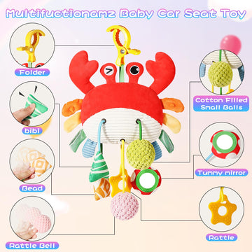 Shozaar Car Seat Toys For Babies 0-6 Months, Crab Stroller Toy With Clamp,Mirror, Little Bell, Rattles, Crinkle, Squeaky,Baby Ne