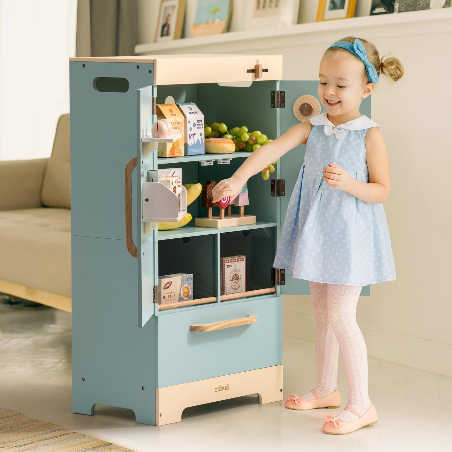 Robud Fridge Refrigerator With Ice Dispenser, Wooden Play Fridge Freezer Set For Kids, Toddler Kitchen Playset With Full Accesso
