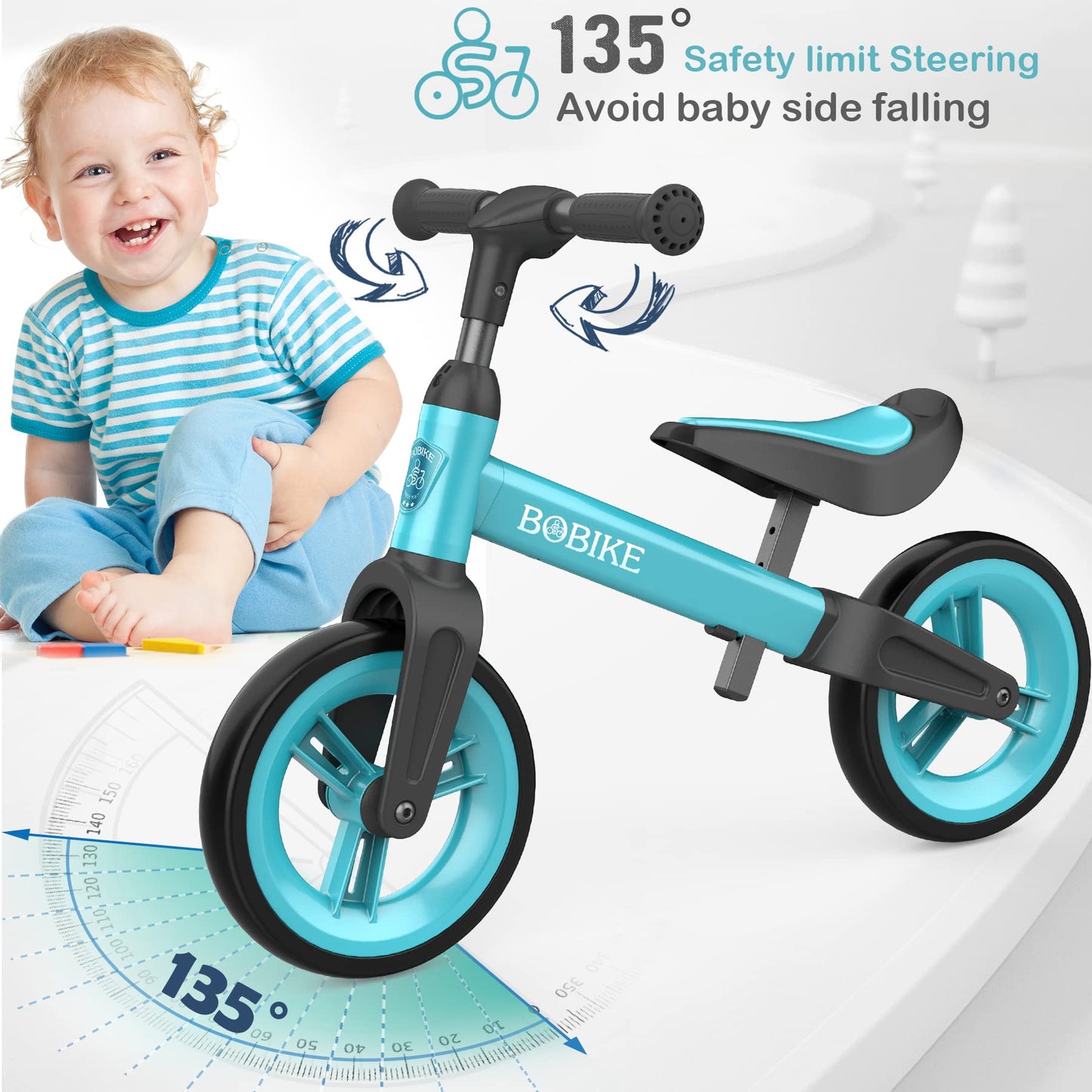 Bobike Toddler Balance Bike Toys For 1 To 3 Year Old Girls Boys Adjustable Seat And Handlebar No-Pedal Training Bike Best Gifts For Kids (Blue)