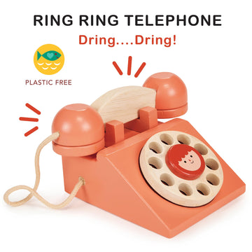 Mentari Toys - Ring Ring Telephone - Solid Wood Retro Chorded Dial Phone for Toddlers - Pretend Play Toy Telephone - Boost Commu