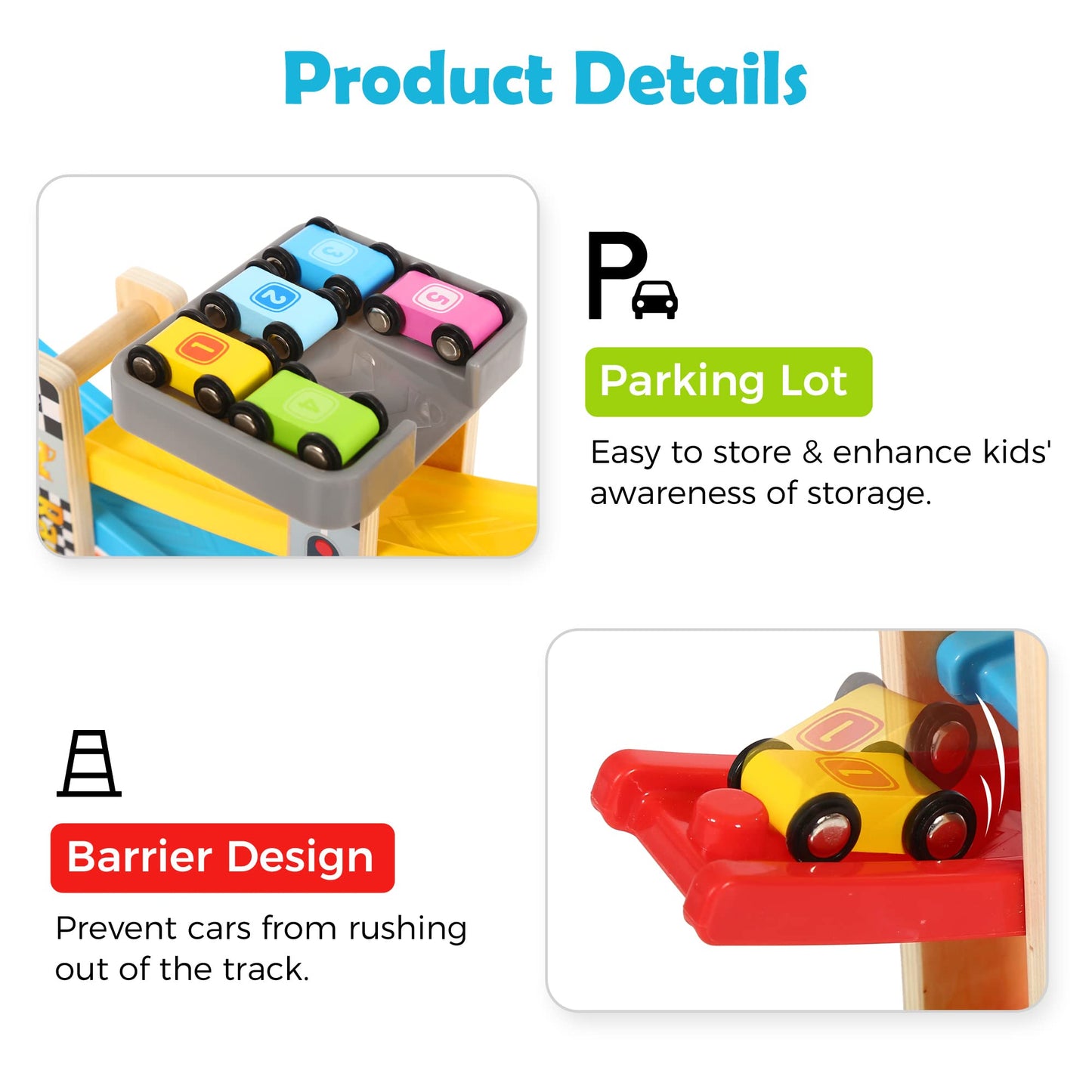Belleur Montessori Toy for 1-3 Years Old Boys and Girls, Kid Wooden Race Track Car, Toddler Ramp Racer Set with 5 Mini Cars & 5