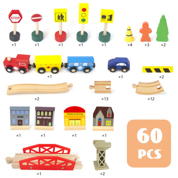 Woodenedu 60Pcs Train Set For Toddlers, Bridge & Double-Side Wooden Train Set Tracks, Fits Brio, Thomas, Melissa And Doug, Kids