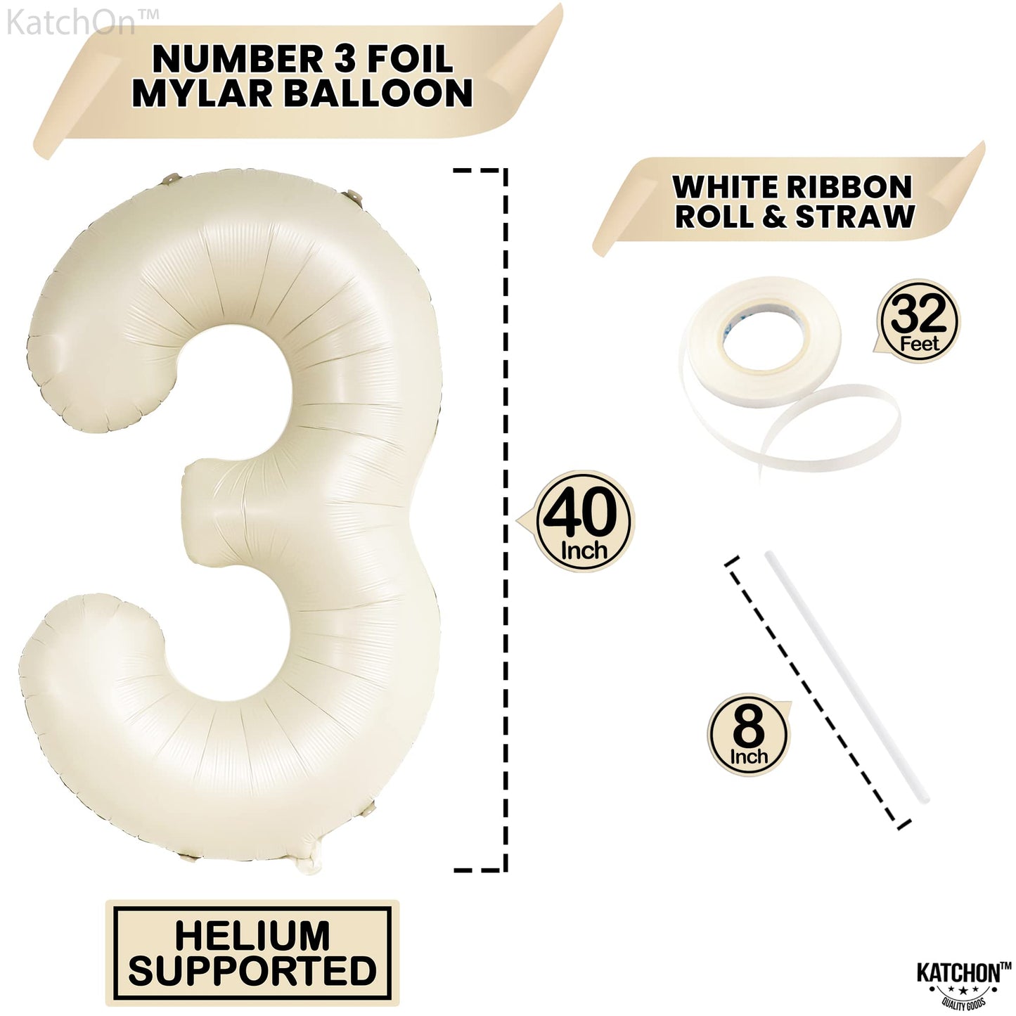 Katchon, Cream White Number 3 Balloon Neutral - Giant, 40 Inch, Three Balloon | 3 Balloon Number For Young Wild And Three Decorations Girl | 3 Birthday Balloon, 3Rd Birthday Decorations For Boys